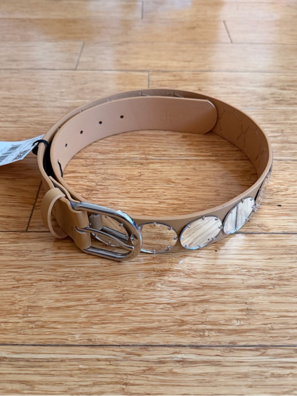 Mango Tan Belt with Silver Mirror Studs